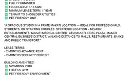 1 Bedroom Condo for rent in Bel-Air, Metro Manila