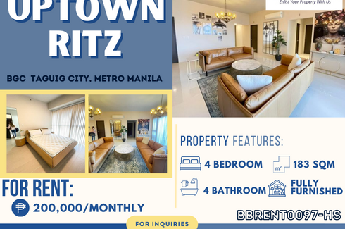 4 Bedroom Condo for rent in Uptown Ritz, Bagong Tanyag, Metro Manila