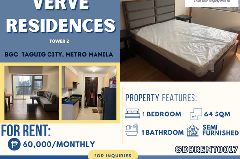 1 Bedroom Condo for rent in Verve Residences, Taguig, Metro Manila
