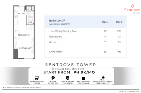 1 Bedroom Condo for sale in Sentrove at Cloverleaf, Balingasa, Metro Manila near LRT-1 Balintawak